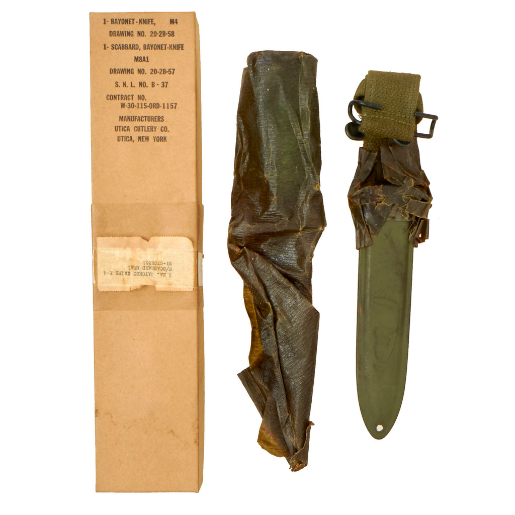 Original U.S. WWII Unissued M4 Bayonet by Utica Cutlery for the M1 Carbine with M8A1 Scabbard Wrapped in Original Box