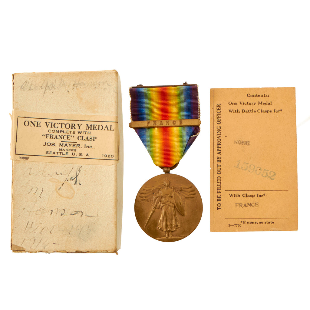 Original U.S. WWI Victory Medal in Original Shipping Box - 49th Coastal Artillery Corps - Adolph M. Hanson of Bay City, Wisconsin