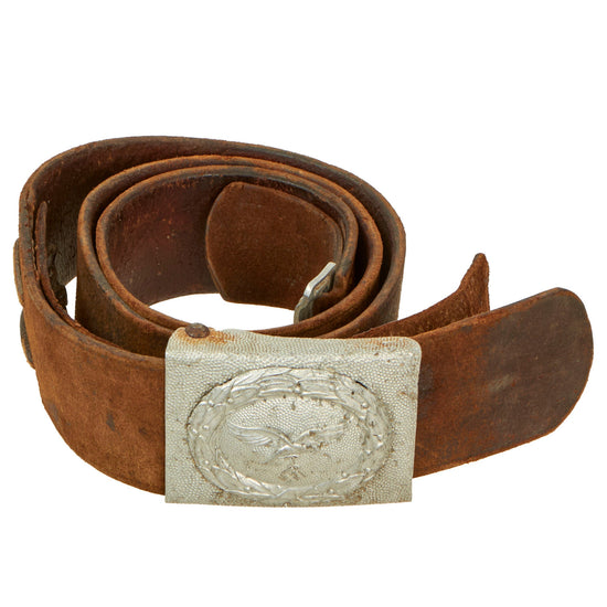 Original German WWII EM/NCO Luftwaffe 9th Flak Regiment Marked Leather Belt with Pebbled Aluminum Buckle Original Items