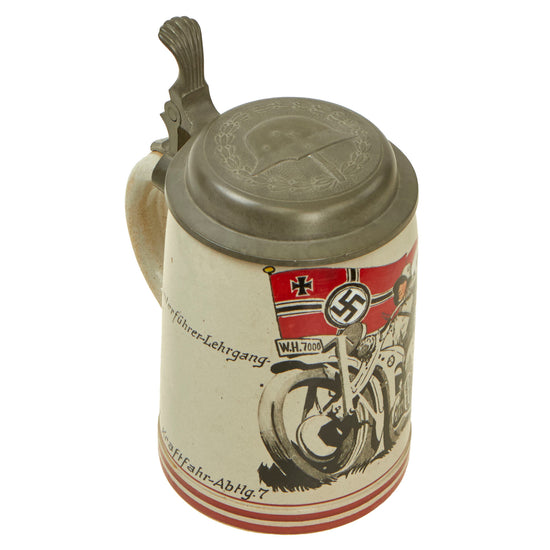 Original German WWII Named Unit Marked Motorcycle Corps Officer Training 0.5L Beer Stein - Ceramic with Pewter Lid