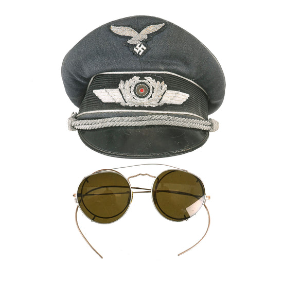 Original German WWII Luftwaffe Officer Schirmmütze Visor Crush Cap by Ce-Ha Prima with Glasses with Sun Shields