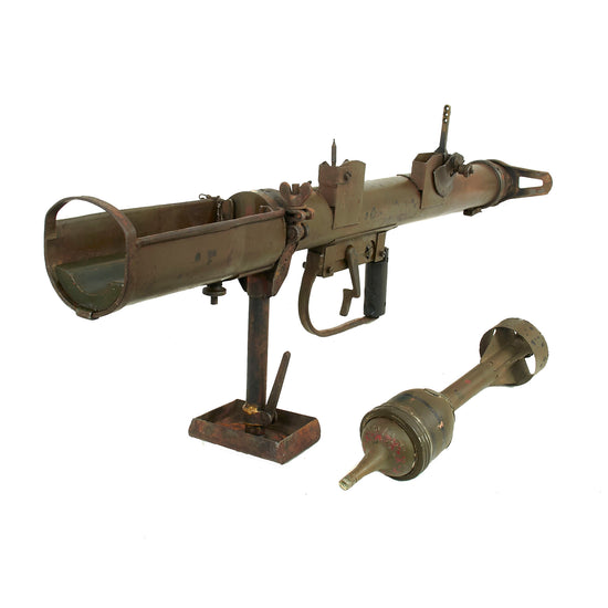 Original WWII British PIAT Anti-Tank Display Bomb Launcher Serial IC/A 8206 with Authentic Paint, Monopod, and 1944 Dated Rocket - Inert