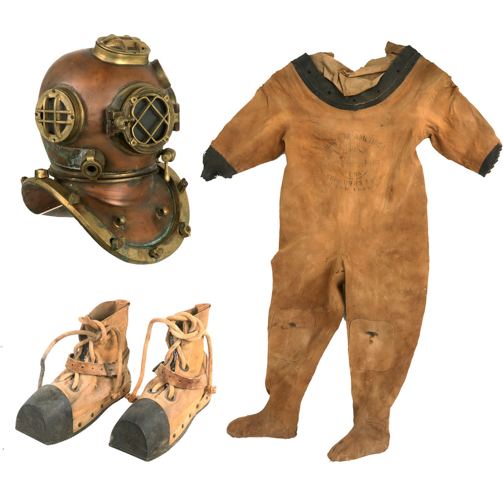 Original U.S. Pre-WWII Mark V Diving Suit & Bronze Toe Diving Boots by A. Schrader’s Son Inc. & Replica Diver’s Helmet Original Items