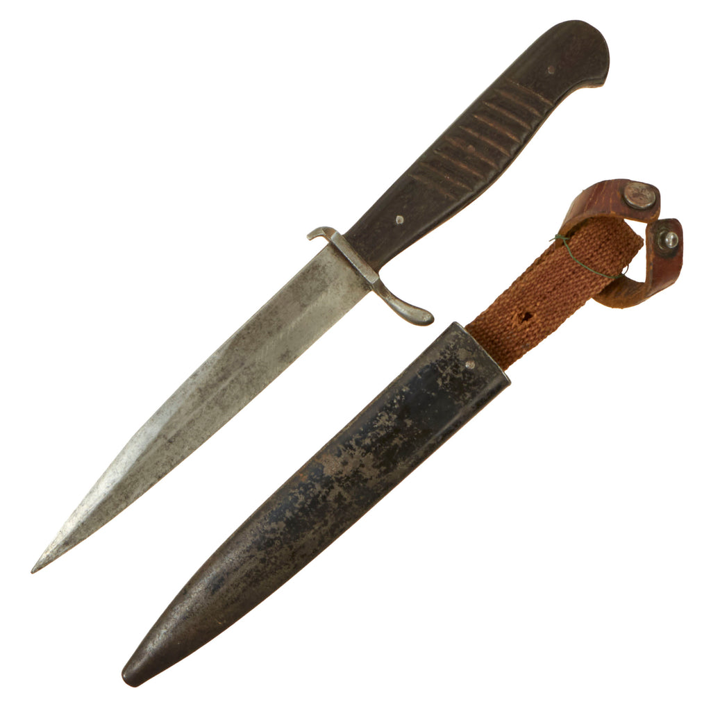 Original German WWI Trench Fighting Knife with Ribbed Grips & Original Rolled Steel Scabbard