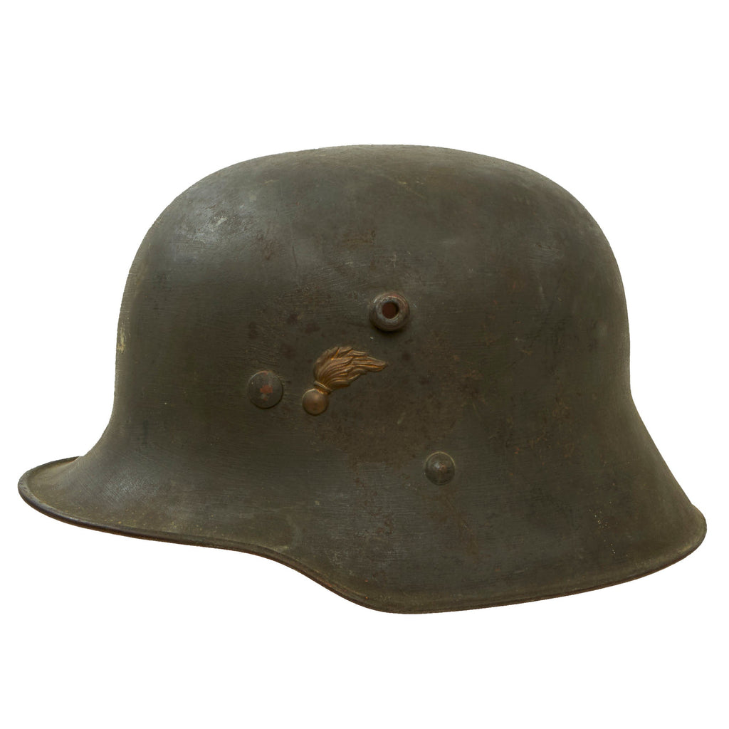 Original Austrian WWI Era Rural Gendarmerie M17 Steel Helmet with Police Flaming Bomb Device - Full Liner & Chinstrap Original Items