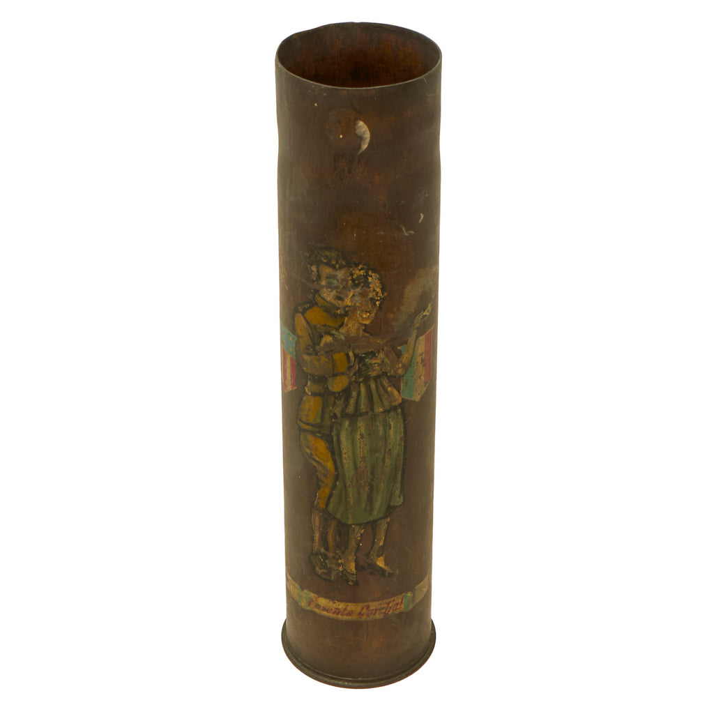 Original U.S. WWI French 75mm Artillery Shell Trench Art Painted with Doughboy & French Woman