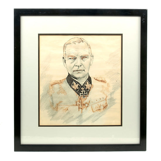 Original German WWII Framed Period Drawing of Knight’s Cross Recipient Felix Steiner with Reference Photo & Magazine - 19½ x 20½” Original Items