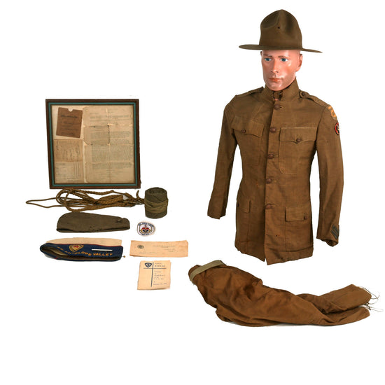 Original U.S. WWI Named Tough ‘Ombres 90th Division Uniform Grouping - Double Patched Uniform - Bag of Captured German Souvenirs Original Items