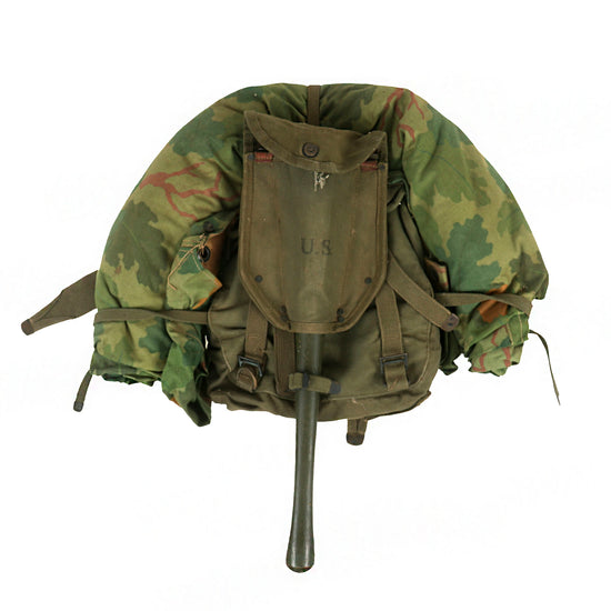 Original U.S. Korean War Dated Mitchell Pattern Camouflage Shelter Half & Pack with Entrenching Tool Original Items