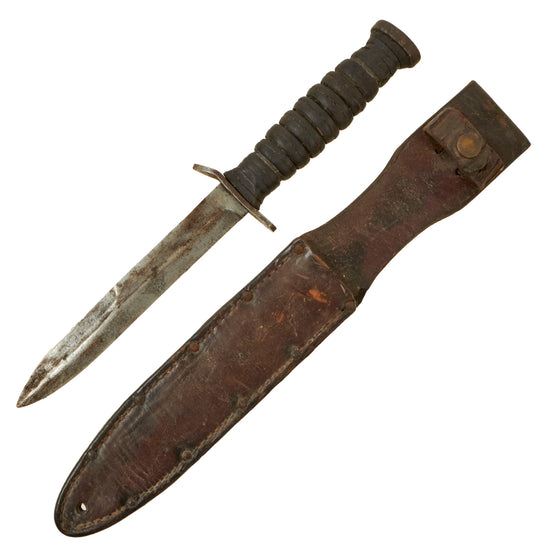 Original U.S. WWII M3 Fighting Knife Crossguard Marked by Aerial with Custom Leather Scabbard - Rare Maker