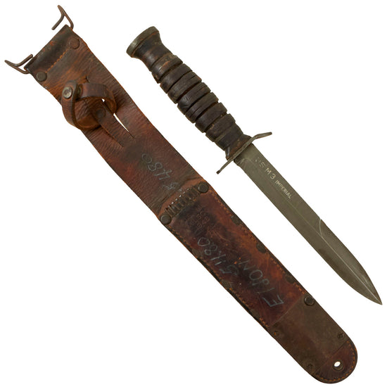 Original U.S. WWII M3 Blade Marked Fighting Knife by Imperial with 1943 dated M6 Leather Scabbard Original Items