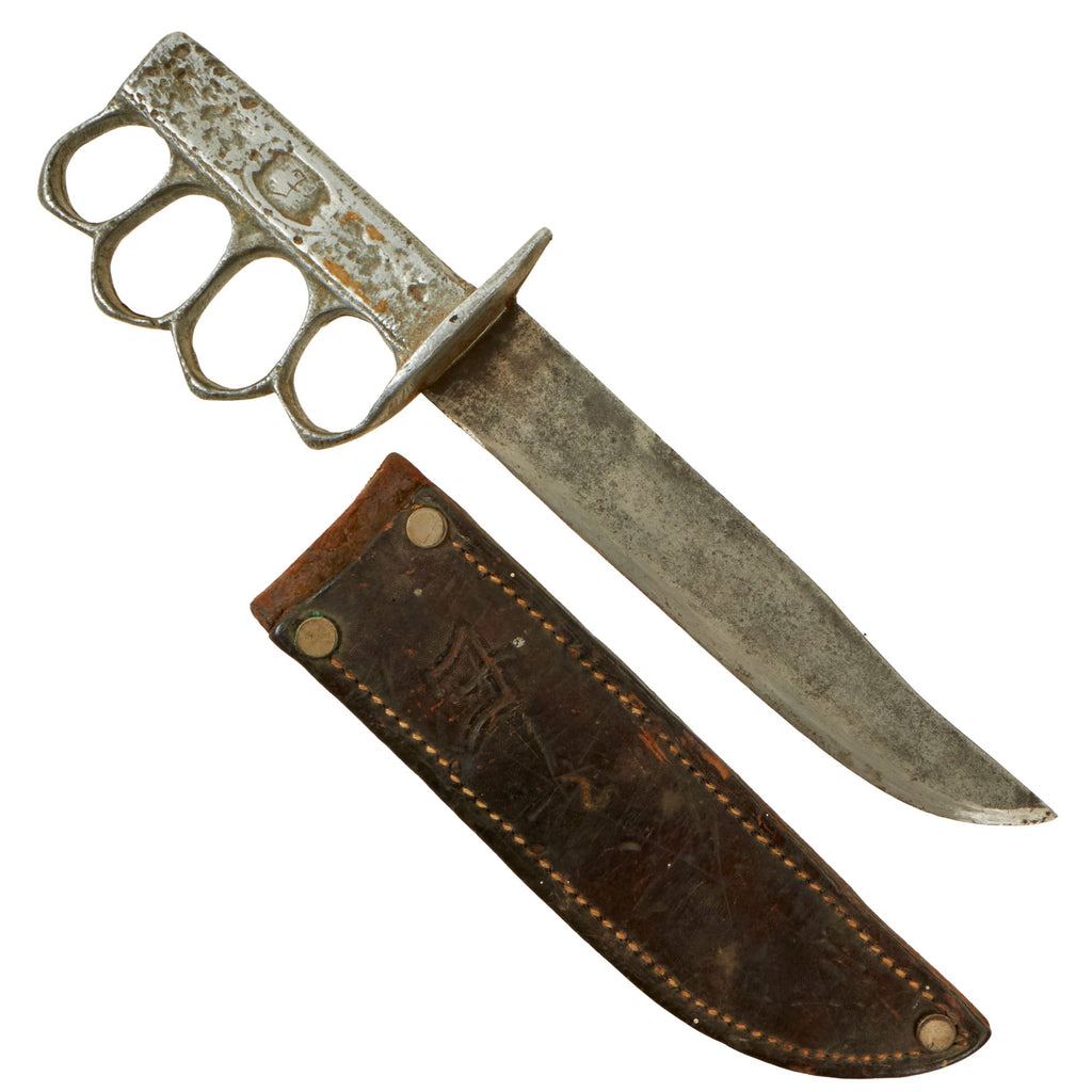 Original U.S. WWII Theatre Made Aluminum Knuckle Knife with Leather Sheath Original Items