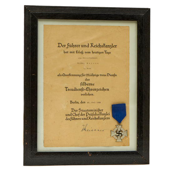 Original German WWII Framed 25-Year Faithful Civil Service Medal & Named Certificate Dated 1938 - 12 ¼” x 15 ¼”