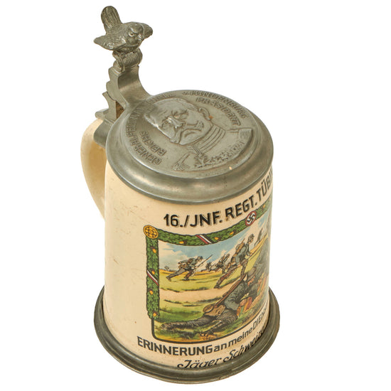 Original German WWII Named 16th Infantry Regiment Marked 0.5L Beer Stein - Ceramic with Pewter Lid Original Items