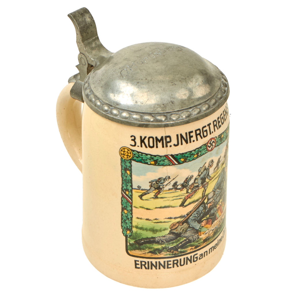 Original German WWII Named Infantry Regiment Regensburg Marked 0.5L Beer Stein - Ceramic with Pewter Lid Original Items