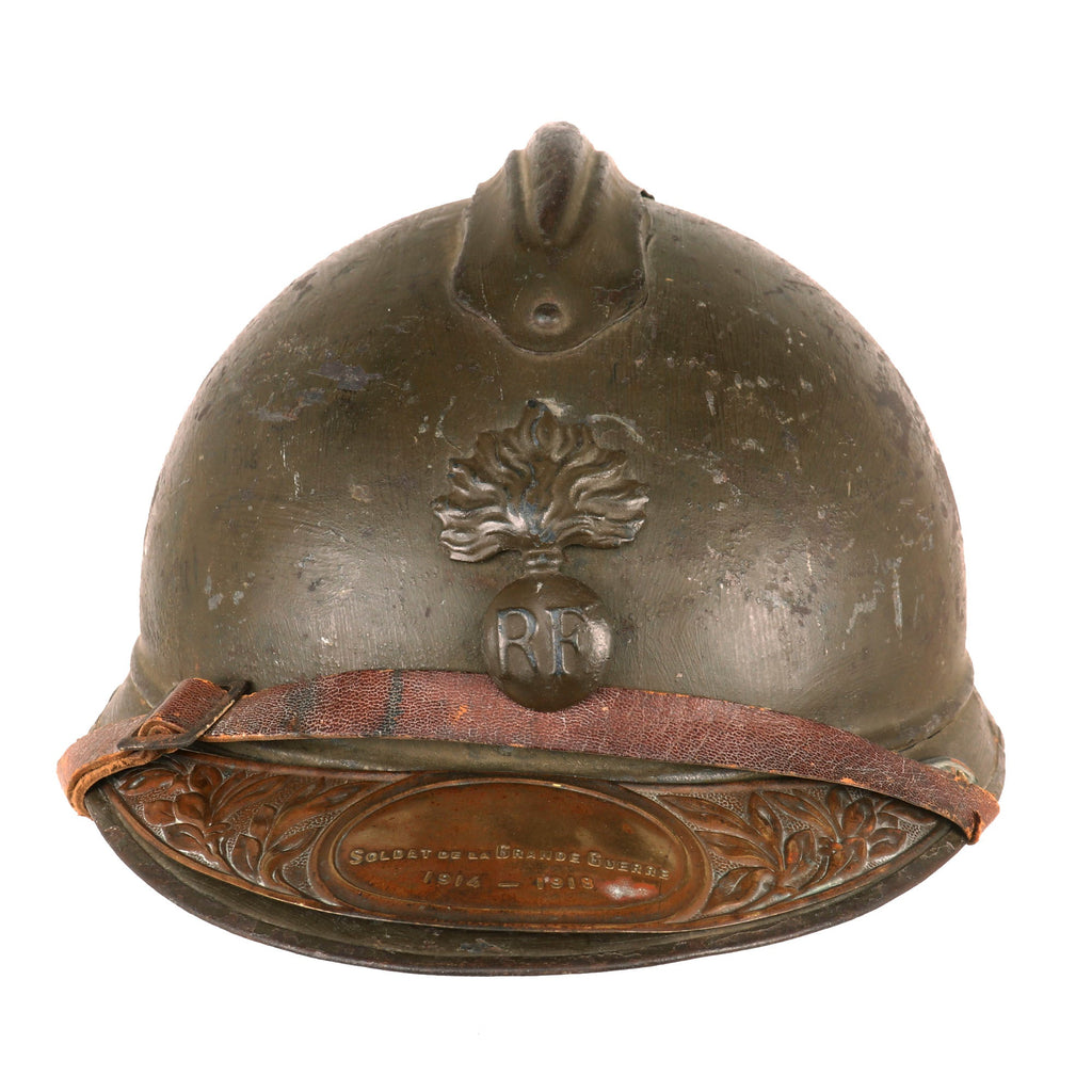 Original French WWI Complete M1915 Adrian Infantry Helmet with Soldat De La Grande Guerre 1914-1918 Brass Plate Original Items