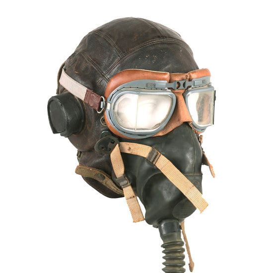Original U.S. WWII AAF British Type C Leather Flying Helmet & Mk VIII Goggles with U.S. A10-A Oxygen Mask Original Items
