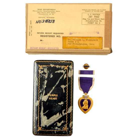 Original U.S. WWII Purple Heart Medal in Original Shipping Box - William Stocksdale Original Items