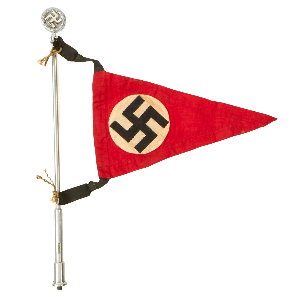 Original German WWII NSDAP National Socialist Vehicle Staff Pennant Flag and Pole with Finial and Detachable Base Original Items