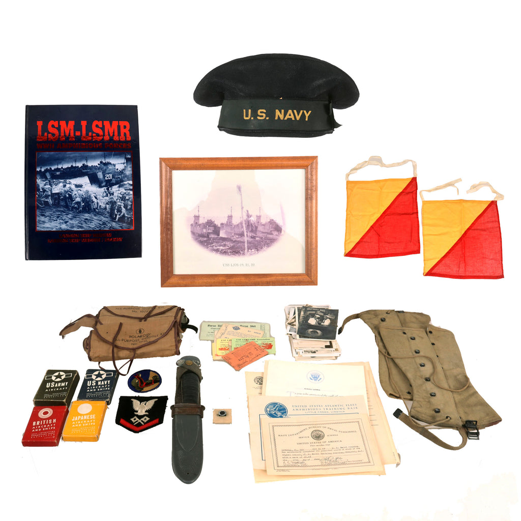 Original U.S. WWII Navy Amphibious LSM Mk.I Knife & Ephemera Grouping - Aircraft Recognition Card Sets & Photos