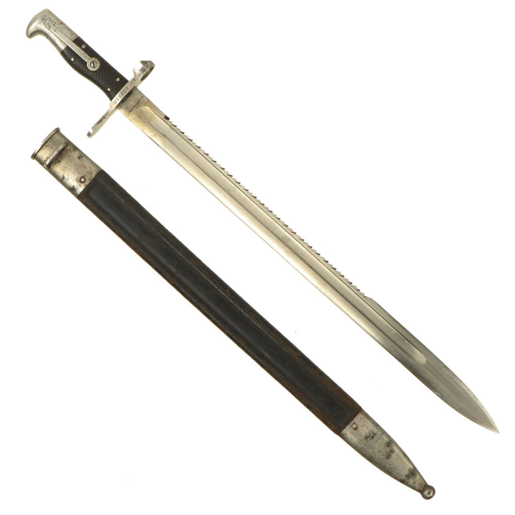 Original WWI Swiss Vetterli M1878 Sawback Sword Bayonet by S.J.G. Neuhausen with 4 Rivet Grip & Scabbard Original Items