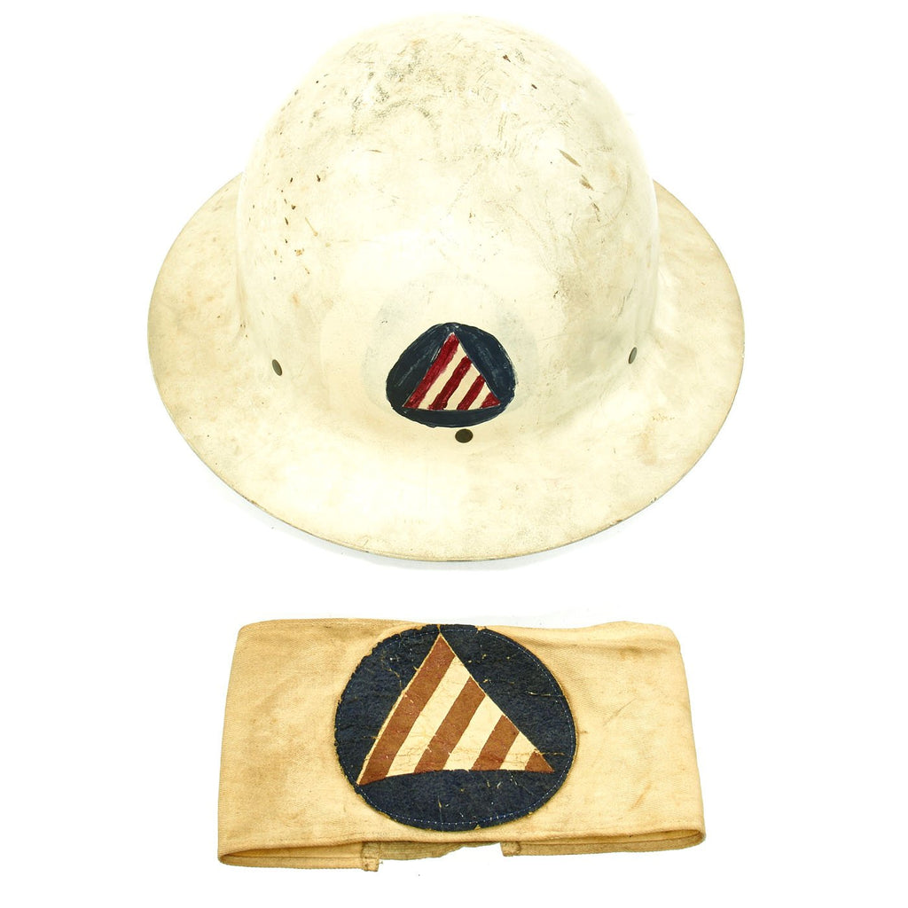 Original U.S. WWII Hoboken New Jersey Civil Defense Air Raid Warden Helmet and Armband Original Items