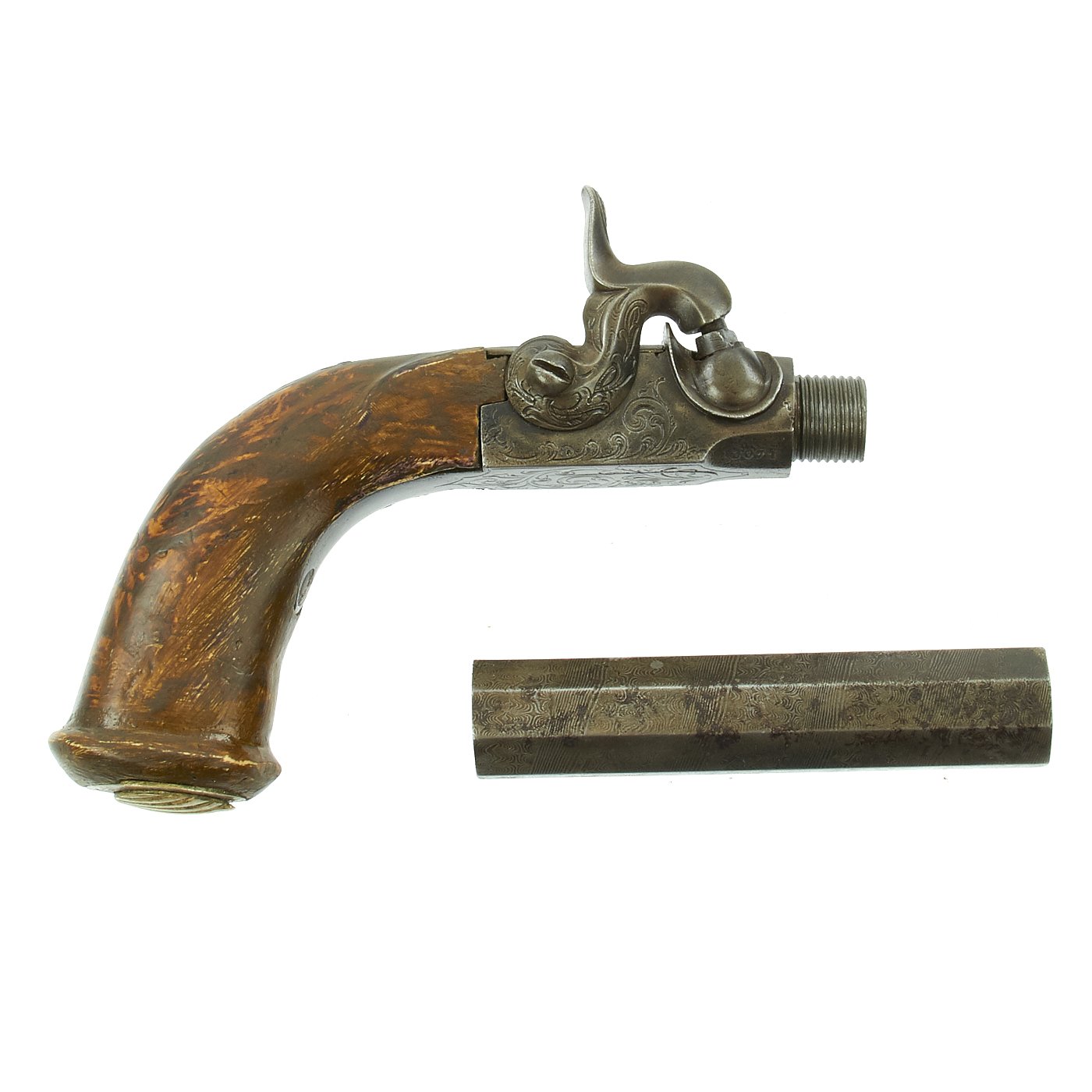 Belgian Percussion cap pocket pistol, brass action and cannon barrel with  Liege proof mark, trigger