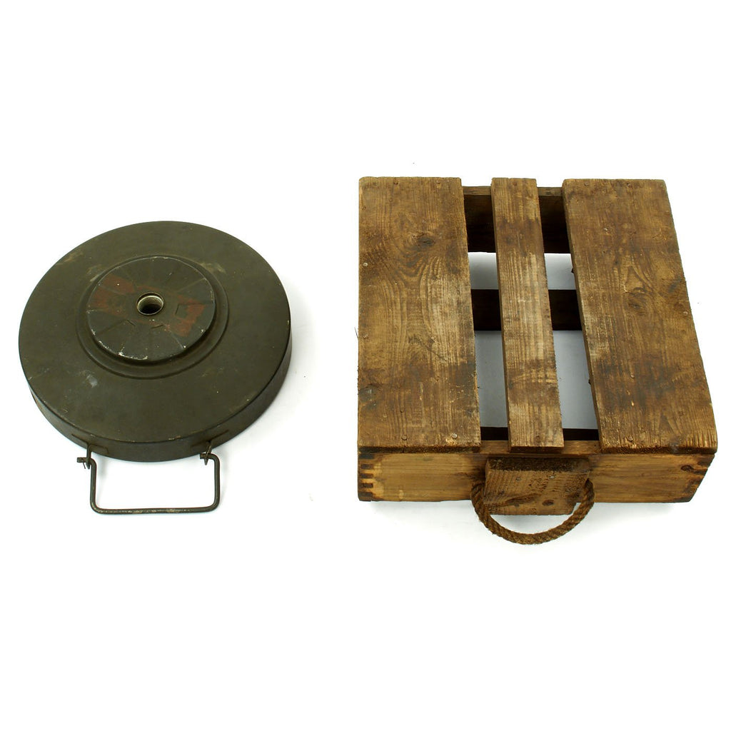 Original U.S. WWII German Anti-Tank T.Mi.42 Tellermine Training Mine with Original Wooden Transit Box Original Items