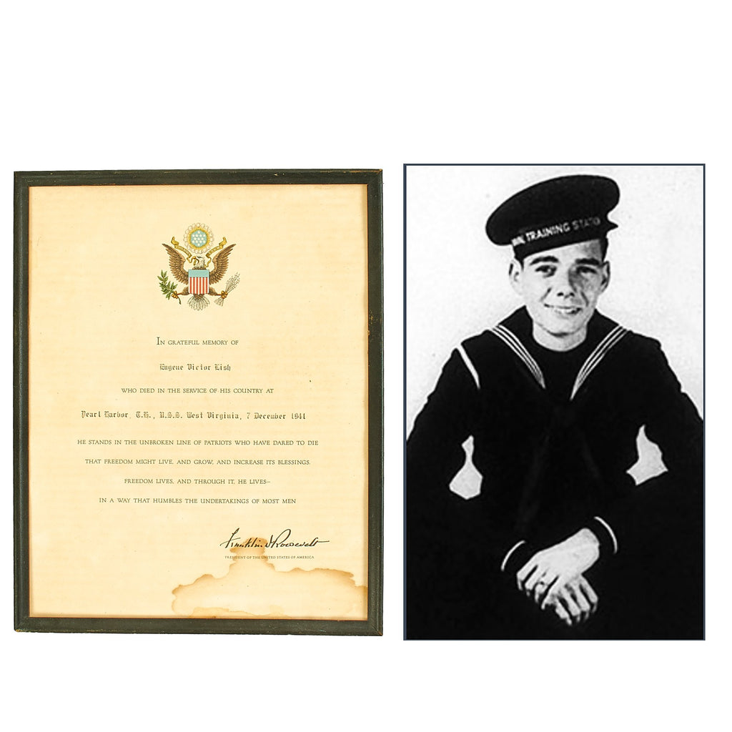 Original U.S. WWII U.S.S. West Virginia Casualty Eugene Victor Lish Posthumous Presidential Citation Original Items