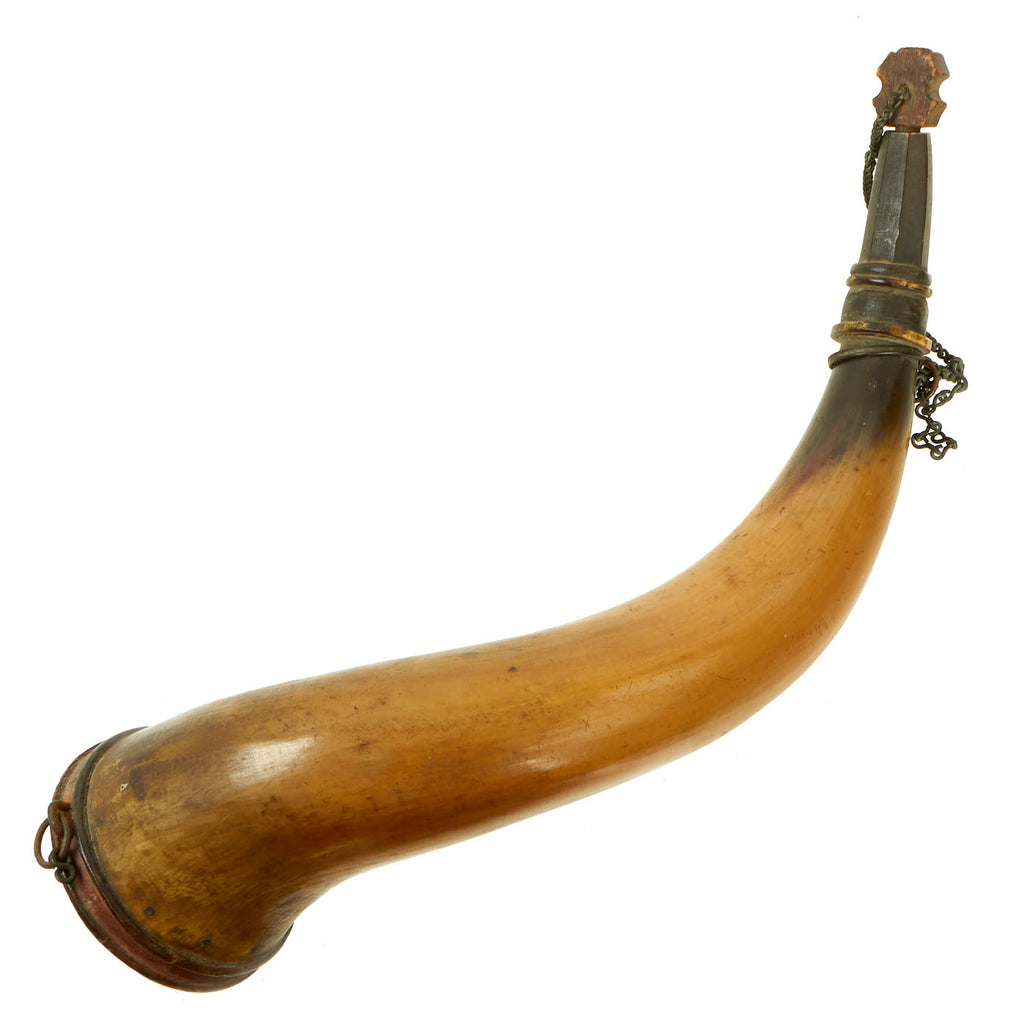 Original U.S. Revolutionary War Era Powder Horn with Decoratively Carved Bottom Plug Original Items