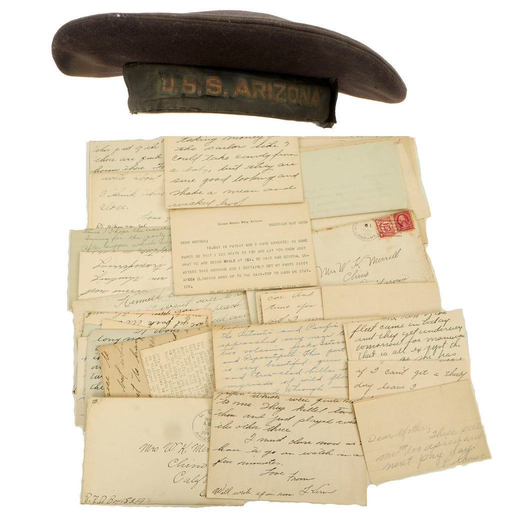 Original U.S. Navy 1920s USS Arizona Sailor’s Flat Cap with Tally and Correspondence Archive Grouping Original Items