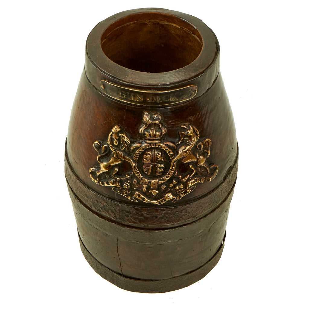 Original  British Napoleonic Royal Navy Cannon Priming Powder Keg marked “GUN DECK” with Brass Georgian Coat of Arms Original Items