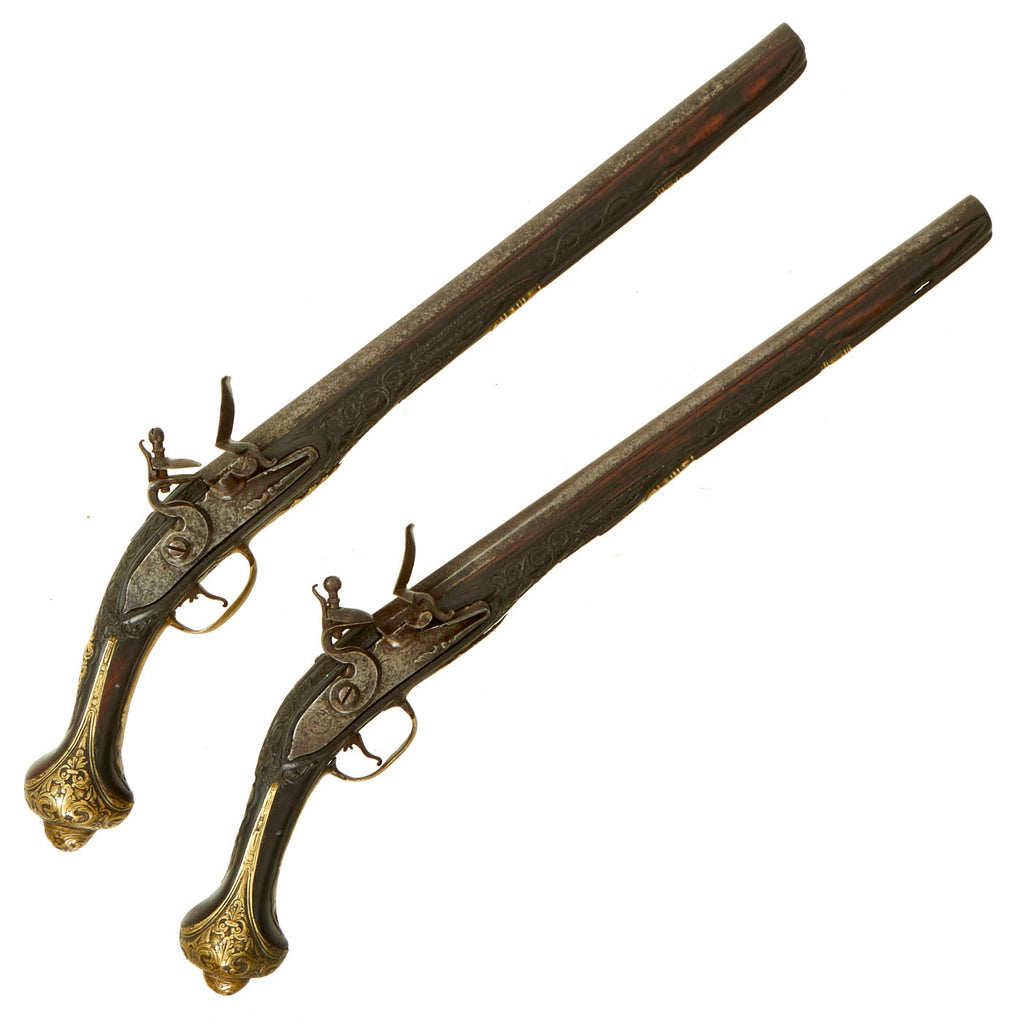 Original Pair of 19th Century Ottoman Flintlock Horse Pistols with Carved Stocks & Embossed Brass Fittings - Circa 1800-1825 Original Items