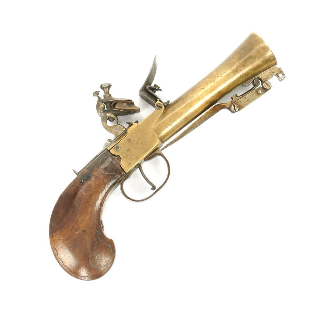 Original European Continental Flintlock Brass Blunderbuss Pistol with Folding Bayonet - Circa 1800 Original Items