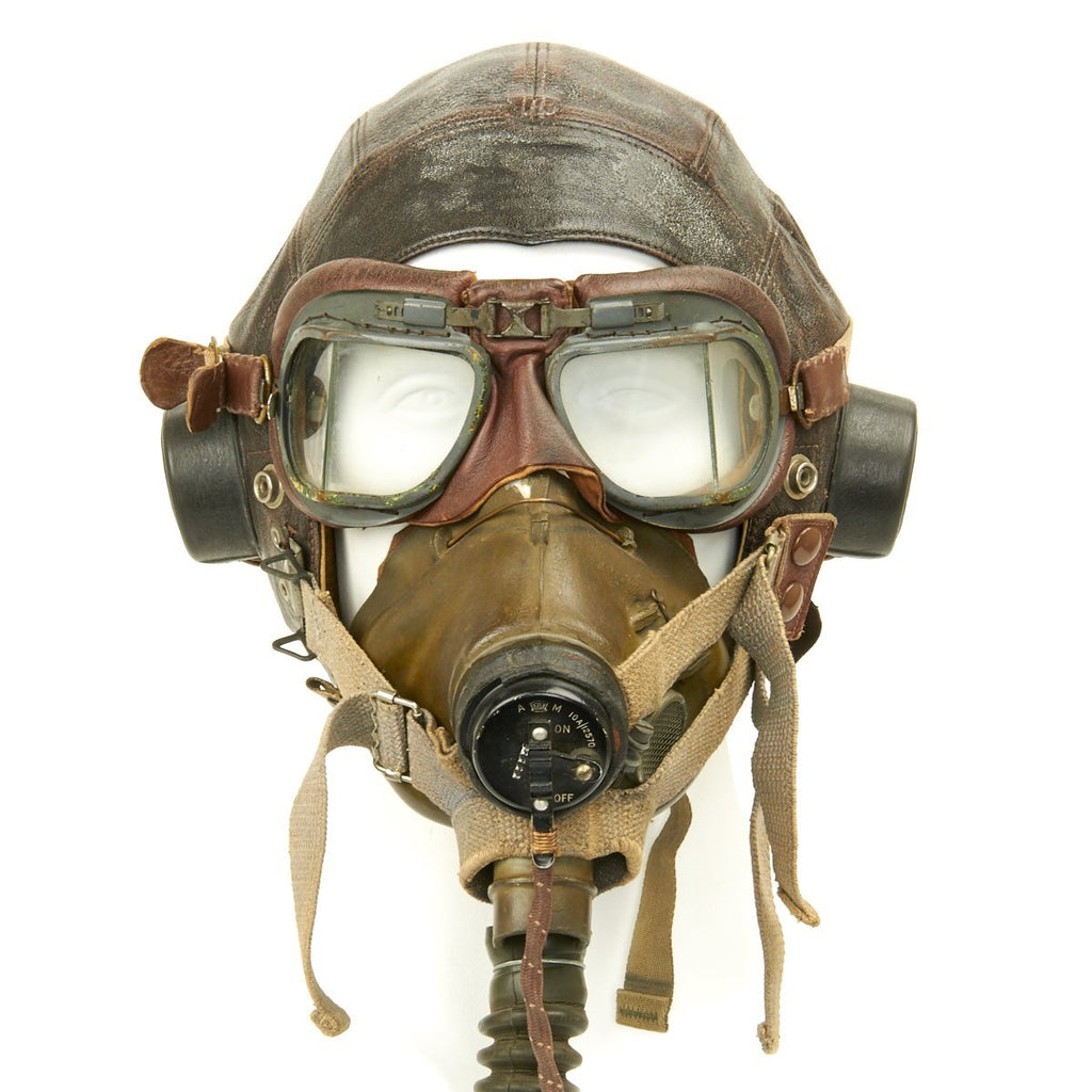 Original British WWII RAF Named Type C Leather Flying Helmet with Mk VIII Goggles and Oxygen Mask Original Items