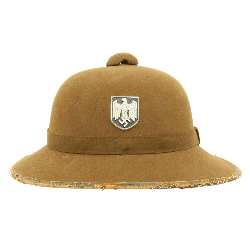 Original German Second Model WWII Afrikakorps Sun Helmet with Badges - Dated 1942 Original Items