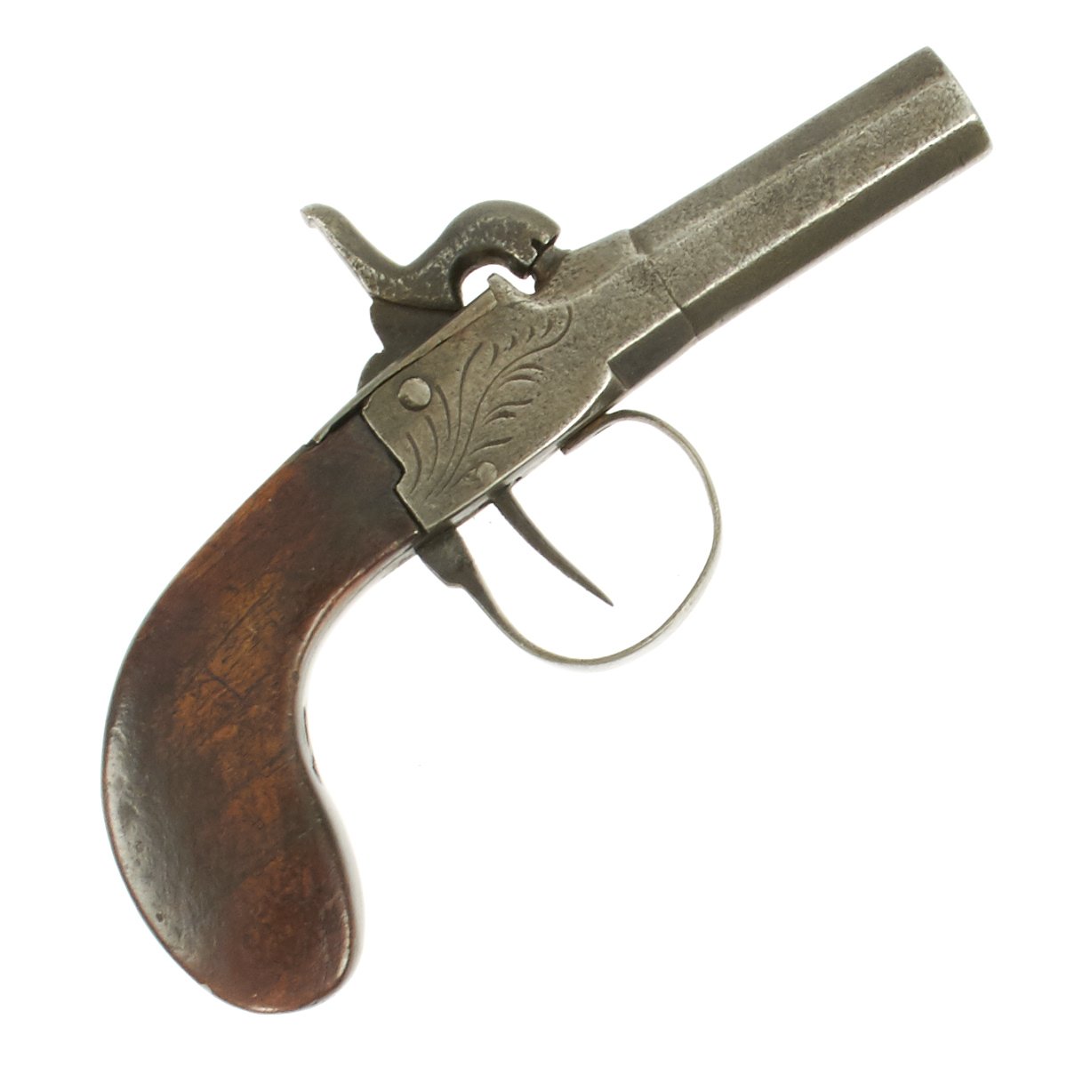 Belgian Percussion cap pocket pistol, brass action and cannon barrel with  Liege proof mark, trigger