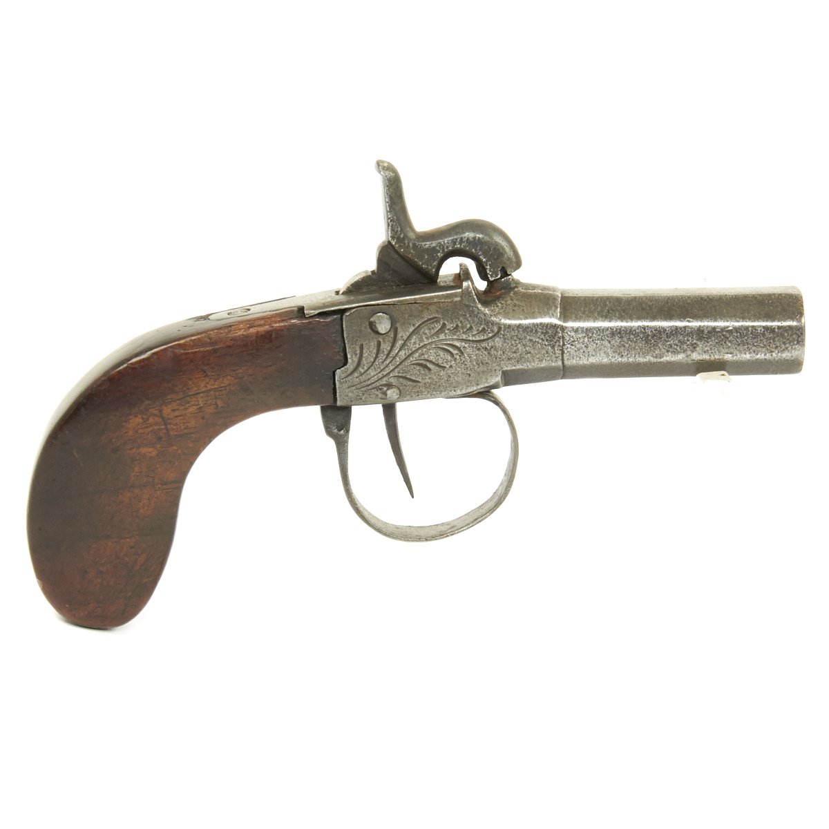 Belgian Percussion cap pocket pistol, brass action and cannon barrel with  Liege proof mark, trigger