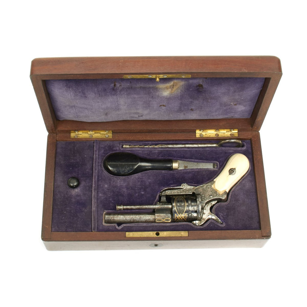 Original French High Quality Engraved Gold Inlaid Pin Fire Revolver with Case and Accessories by Devisime - Circa 1860 Original Items