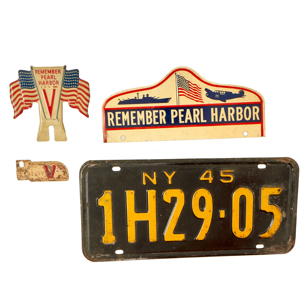 Original U.S. WWII 1945 New York License Plate With “Victory” Tab and “Remember Pearl Harbor” Toppers - 4 Items Original Items