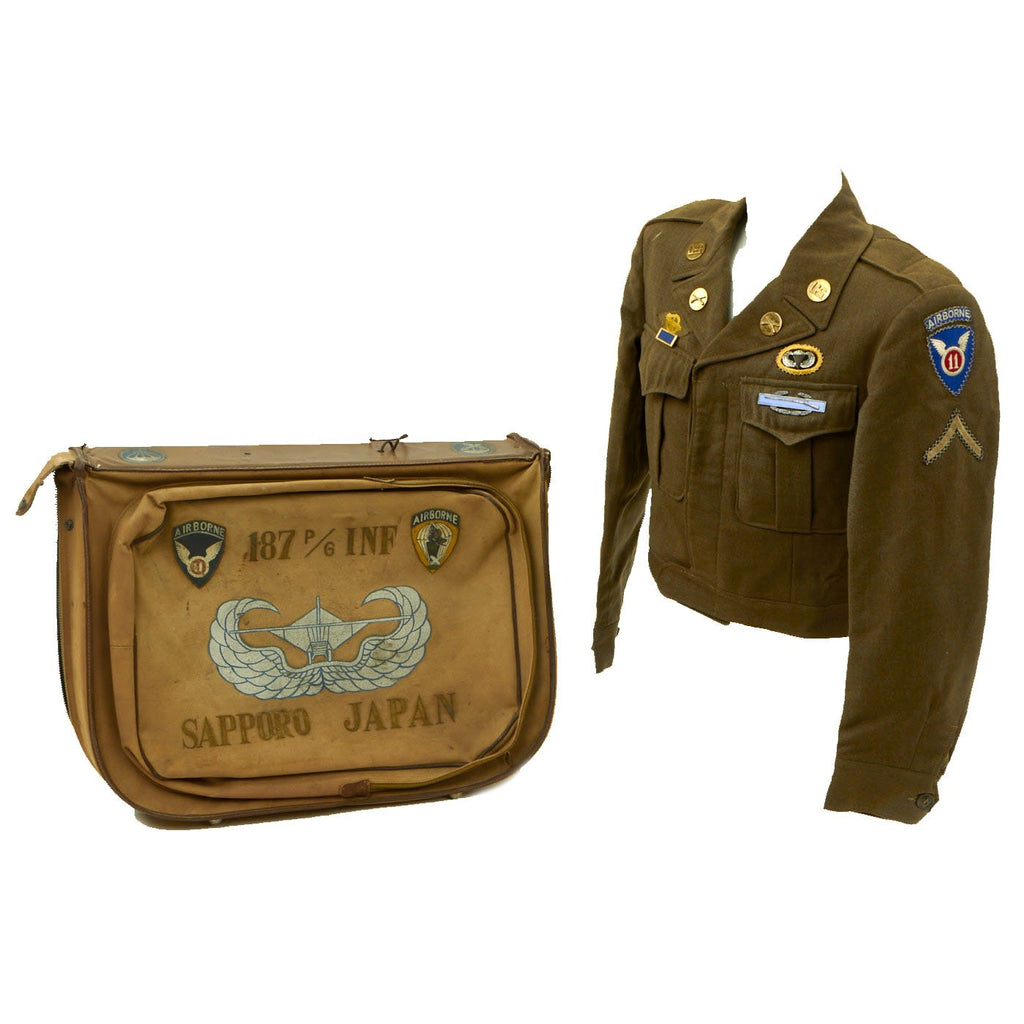 Original U.S. WWII 187th Glider Infantry Regiment (GIR) Named Ike Jacket and Hand Painted B-4 Bag Original Items