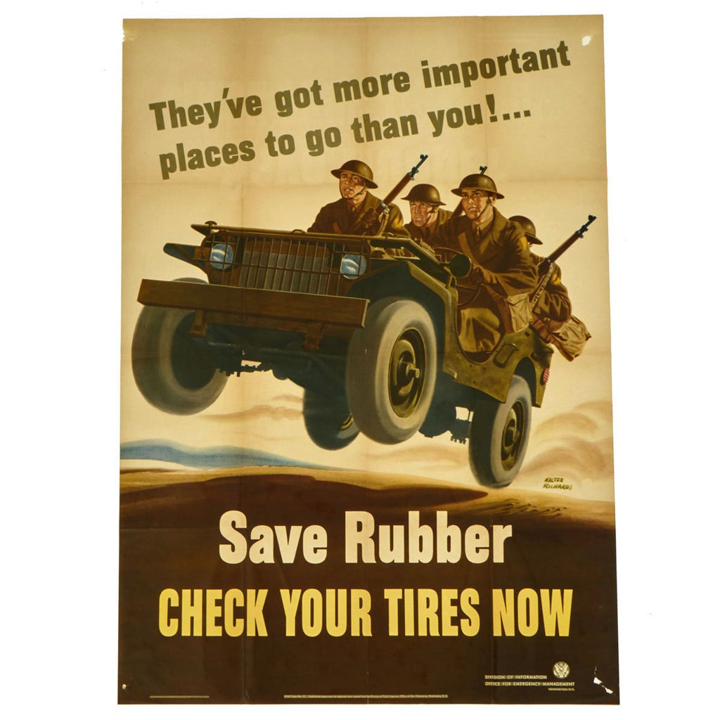 Original U.S. WWII Propaganda Poster - Save Rubber Check Your Tires Now - Willys Jeep - OWI Poster No. 21 Original Items