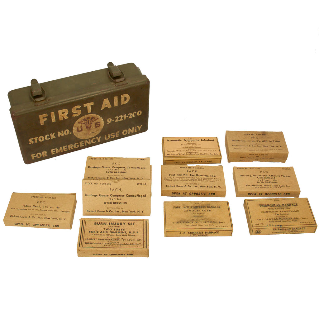 Original U.S WWII Jeep Emergency First Aid Kit (12 Unit) - Complete Unissued Original Items