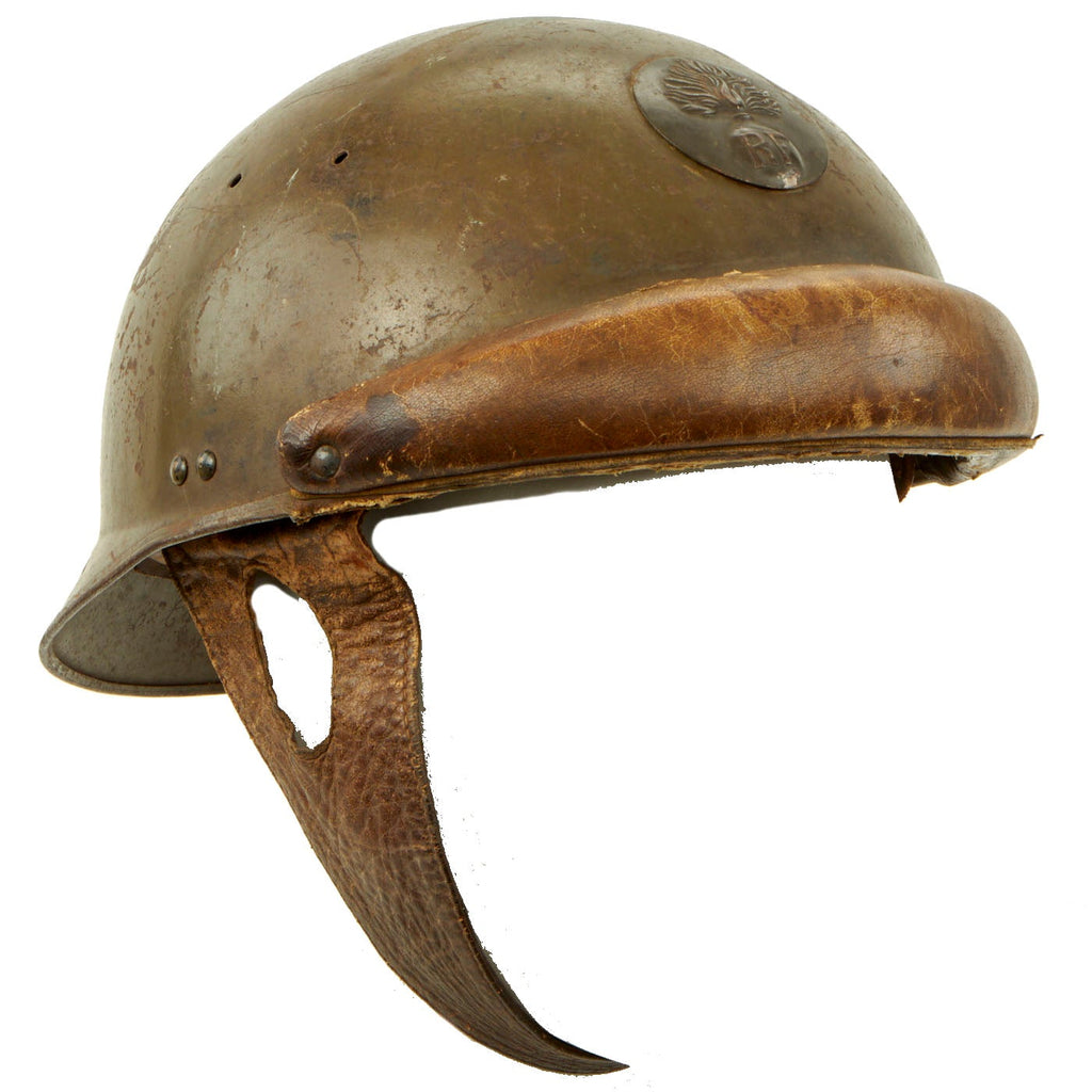 Original French WWII Model 1935 Named Tanker Armored Vehicle Helmet with R.F. Badge Original Items