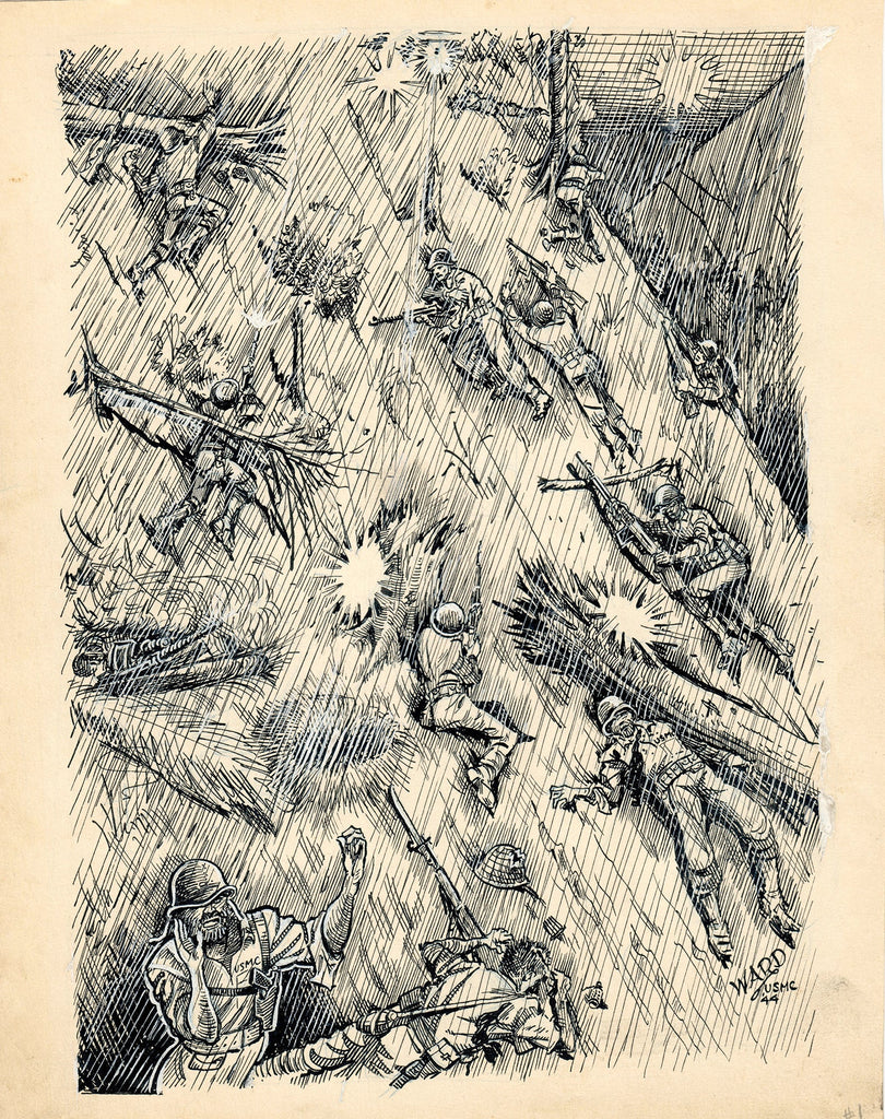 DRAFT USMC War Art-"Hillside Attack" #1 -Signed "Ward, USMC '44" Original Items