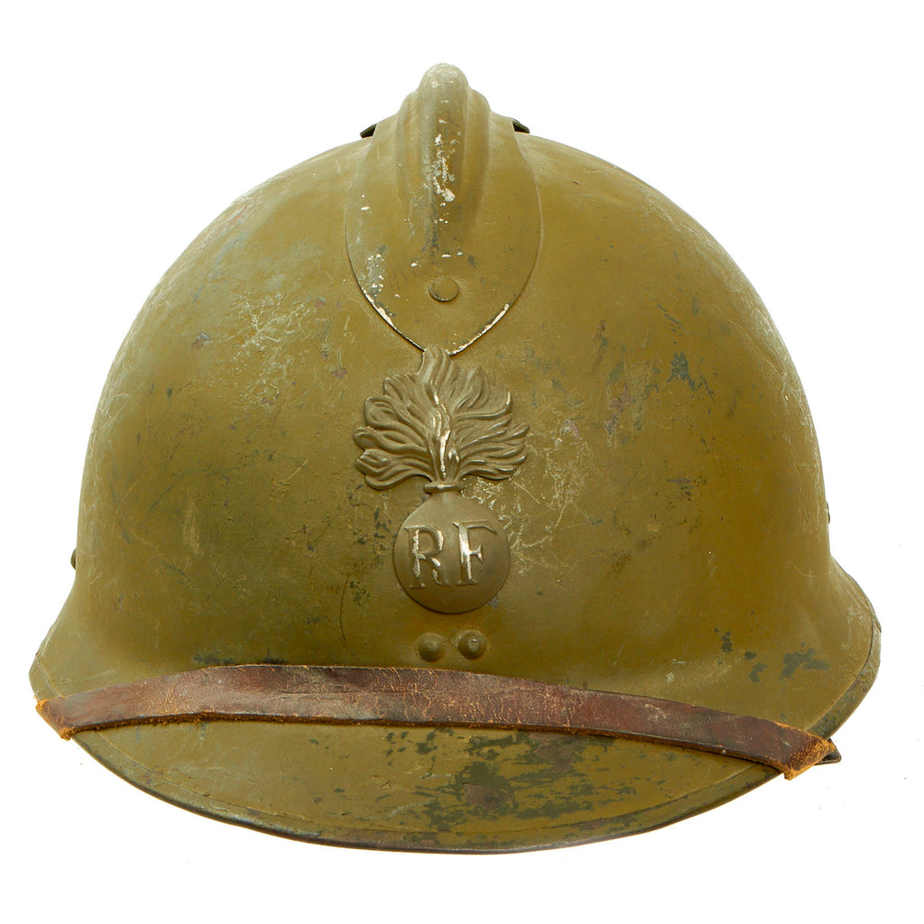 Original French WWII Complete Early M1926 Adrian Helmet with R.F. Infantry Badge - Olive Green Original Items