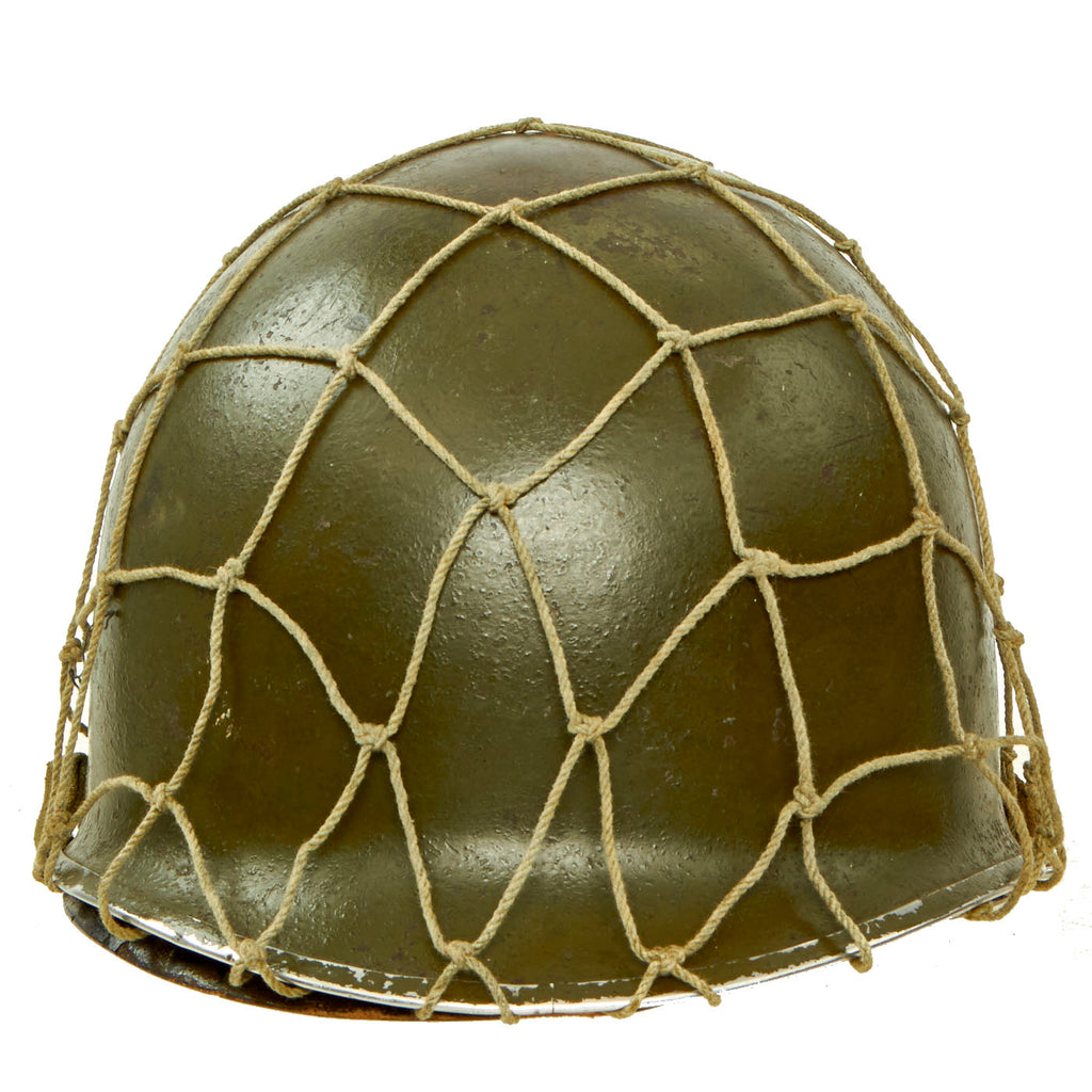 Original WWII U.S Army M1 Helmet with Officer’s Invasion Stripe Leadership Identification Bar- Swivel Bale- With Liner and Original Net Original Items