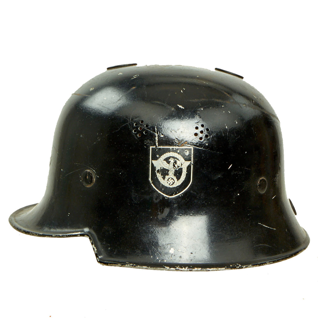 Original German WWII M34 Square Dip Aluminum Fire Police Helmet with Double Decals - Feuerwehr Helmet Original Items