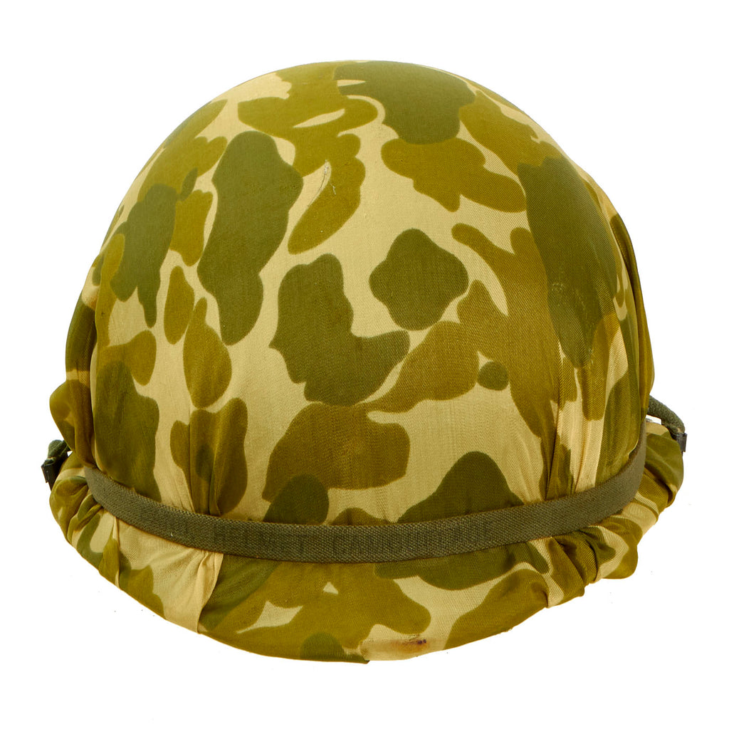 Original U.S. Vietnam War Era WWII McCord M1 Helmet With Camouflage Parachute Canopy Helmet Cover With Liner - Complete Original Items