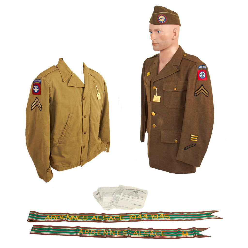 Original U.S. WWII Named 82nd Airborne Uniform Grouping Featuring Custom Camouflage Parachute Silk Lined Overseas Cap - With Documents Original Items